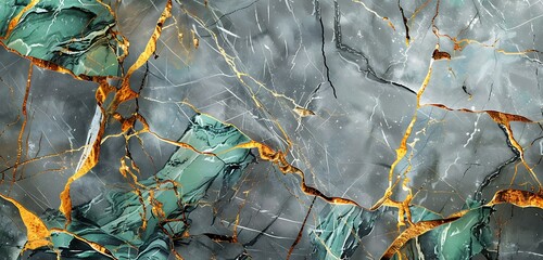 Wall Mural - Luxurious gray marble background with golden cracks and vibrant green patterns, sophisticated look