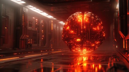 Aufkleber - Glowing brain sphere in futuristic corridor.