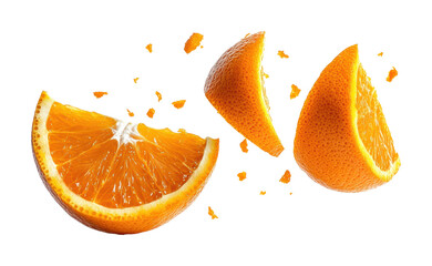 cracked orange segments with vibrant pulp and scattered pieces, juicy citrus fruit explosion concept