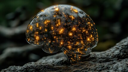 Aufkleber - Glowing brain-shaped orb on dark surface, digital art.