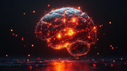 Poster - Glowing digital brain, fiery particles, dark background.