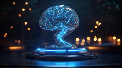 Poster - Glowing digital brain on futuristic pedestal.