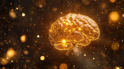 Poster - Glowing golden human brain, abstract 3D rendering on dark background with bokeh.