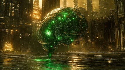 Aufkleber - Glowing green brain in futuristic city.