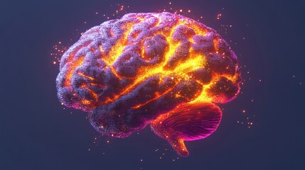Poster - Glowing human brain, fiery energy, neural activity, 3D render.