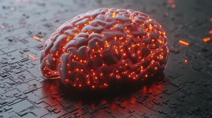 Poster - Glowing human brain model on a circuit board, representing artificial intelligence or neural networks.