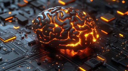 Poster - Glowing human brain model on circuit board.