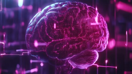 Poster - Glowing human brain model with digital network.