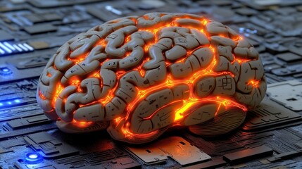Poster - Glowing human brain on a circuit board, representing AI and technology. (1)