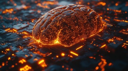 Poster - Glowing human brain on a circuit board, representing AI and neural networks.