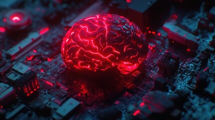 Poster - Glowing human brain on a circuit board, representing AI and technology.