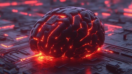 Poster - Glowing human brain on a circuit board, representing AI and technology.