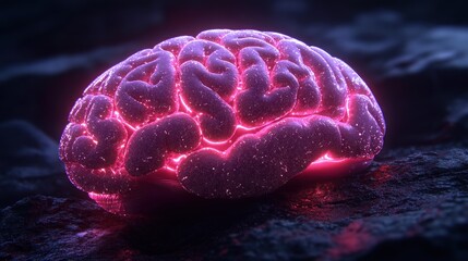 Poster - Glowing human brain on dark surface,  representing intelligence, mind, and neural activity.