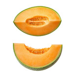Close-up of ripe cantaloupe melon halves with seeds, juicy orange flesh, and textured rind, fresh fruit detail isolated on transparent background