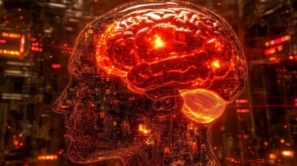 Aufkleber - Glowing human head profile with visible brain, futuristic background.