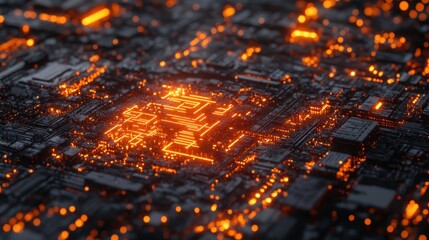Aufkleber - Glowing orange circuitry, intricate technological detail, abstract digital network.