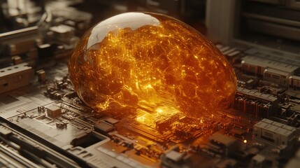 Poster - Glowing orb rests on a circuit board, representing AI or technological advancement.
