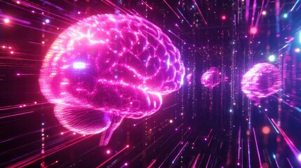 Aufkleber - Glowing pink brain in digital tunnel.