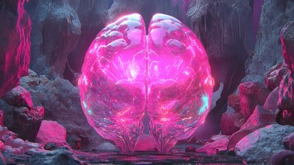 Poster - Glowing pink brain in a surreal, rocky landscape.