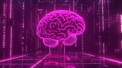 Aufkleber - Glowing pink brain in futuristic digital environment.