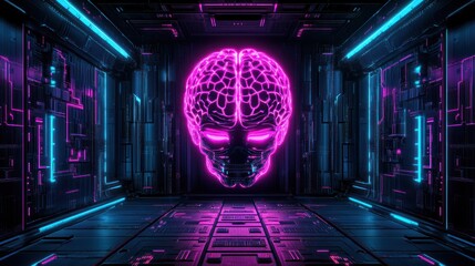 Poster - Glowing pink brain in futuristic metallic corridor.