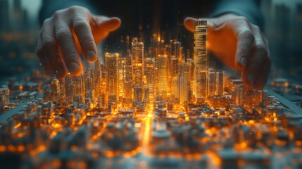 Poster - A futuristic cityscape emerging from hands, symbolizing innovation and urban development.