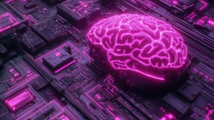 Poster - Glowing pink brain on a circuit board, representing artificial intelligence or neural networks.
