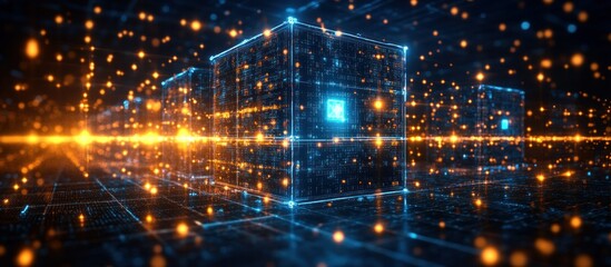 Poster - A futuristic digital landscape featuring glowing cubes and particles, symbolizing data processing.