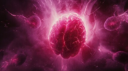 Poster - Glowing pink brain surrounded by energy particles.