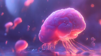 Poster - Glowing pink brain with glowing tendrils, surrounded by pink orbs in a dark purple background.