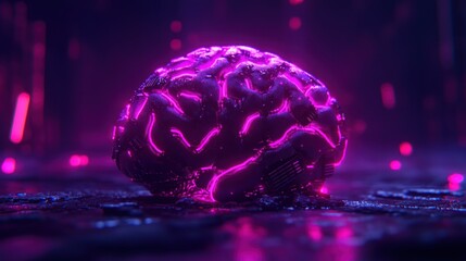 Poster - Glowing pink futuristic brain, digital technology concept.