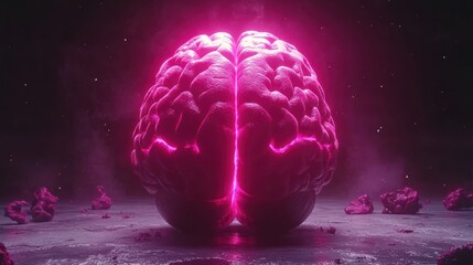Poster - Glowing pink human brain, split down the middle, on dark surface.