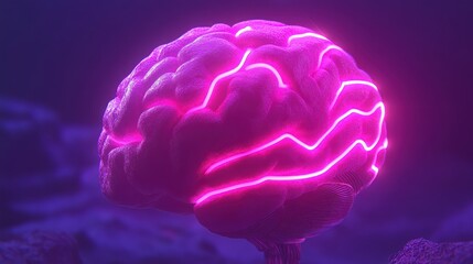Poster - Glowing pink lines illuminate a 3D rendered human brain, set against a dark purple background.