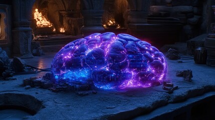 Poster - Glowing purple and blue brain rests on a stone surface in a dark, ancient setting with firelight.