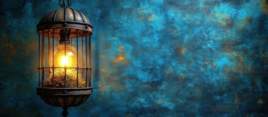 Poster - A vintage lantern illuminates against a textured blue background, creating a warm atmosphere.