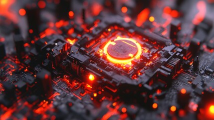 Aufkleber - Glowing red circuit board with central processor.