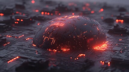 Poster - Glowing red core inside dark metallic sphere on circuit board.