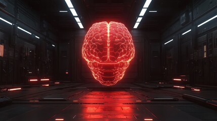 Poster - Glowing red human brain hologram floats in a dark futuristic laboratory.