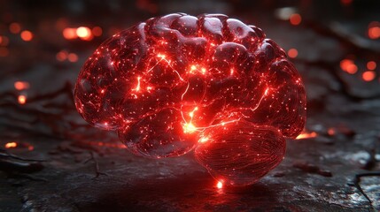 Poster - Glowing red human brain model on dark background.