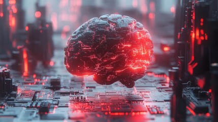 Poster - Glowing red human brain model on futuristic circuit board.
