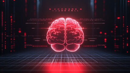 Poster - Glowing red human brain model with digital interface background.