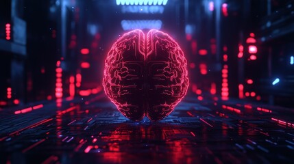Poster - Glowing red human brain on futuristic circuit board.