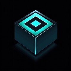 Poster - Glowing teal square inside dark blue cube, isometric view.