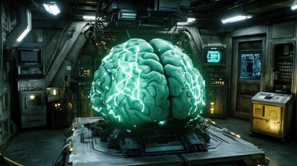 Poster - Glowing teal human brain in futuristic lab.