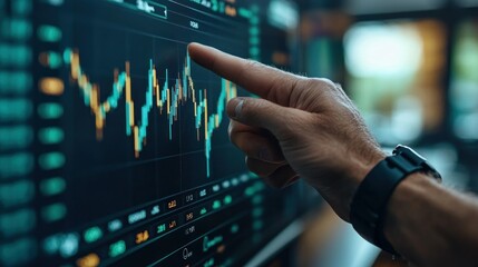 Poster - A hand points at a financial chart on a digital screen, indicating market analysis.