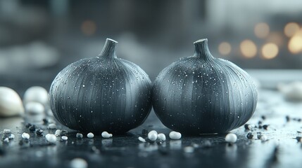 Poster - Two dark, textured gourds surrounded by small pebbles and a blurred background.