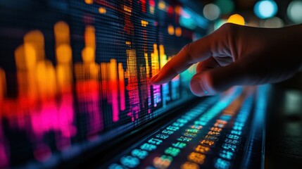 Poster - A hand interacting with a vibrant data visualization display.