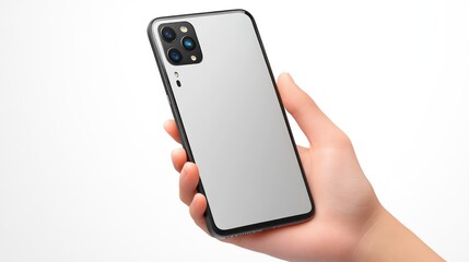 Poster - Hand holding a silver smartphone with a triple-lens camera.