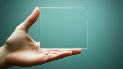 Poster - Hand holding a transparent glass rectangle against a teal background.
