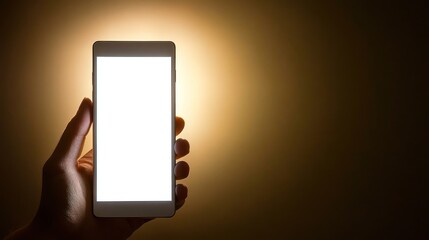 Poster - Hand holding illuminated smartphone with blank screen.